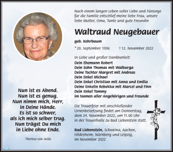 Traueranzeige von Waltraud Neugebauer von Südthüringer Presse
