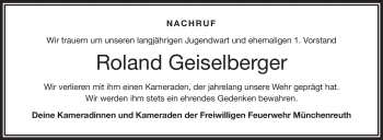 Traueranzeige von Roland Geiselberger von Frankenpost