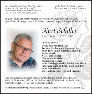 Traueranzeige von Kurt Schiller von Südthüringer Presse