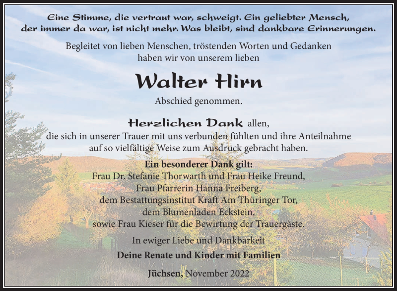  Traueranzeige für Walter Hirn vom 25.11.2022 aus Südthüringer Presse