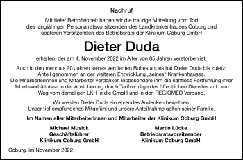 Traueranzeige von Dieter Duda von Neue Presse Coburg