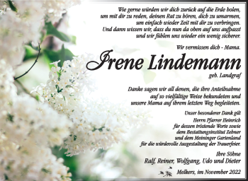 Traueranzeige von Irene Lindemann von Südthüringer Presse