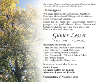 Traueranzeige von Günter Lesser von Südthüringer Presse