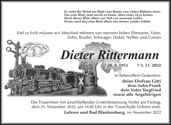 Traueranzeige von Dieter Rittermann von Südthüringer Presse