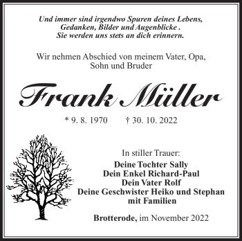Traueranzeige von Frank Müller von Südthüringer Presse