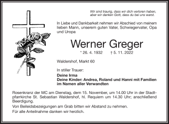 Traueranzeige von Werner Greger von Frankenpost