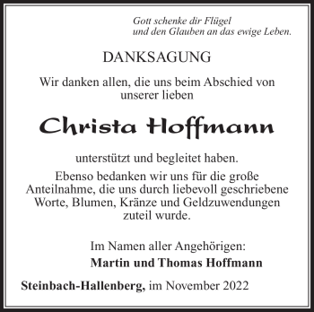 Traueranzeige von Christa Hoffmann von Südthüringer Presse