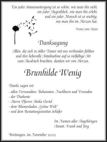 Traueranzeige von Brunhilde Wenig von Südthüringer Presse