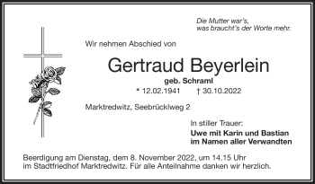 Traueranzeige von Gertraud Beyerlein von Frankenpost