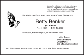 Traueranzeige von Betty Benker von Frankenpost