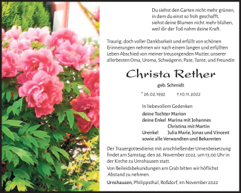 Traueranzeige von Christa Rether von Südthüringer Presse