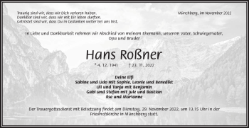 Traueranzeige von Hans Roßner von Frankenpost