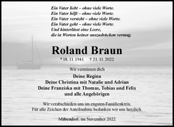 Traueranzeige von Roland Braun von Südthüringer Presse