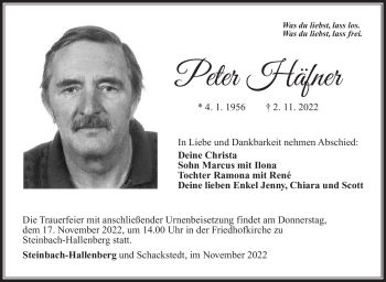 Traueranzeige von Peter Häfner von Südthüringer Presse