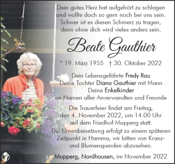 Traueranzeige von Beate Gauthier von Südthüringer Presse