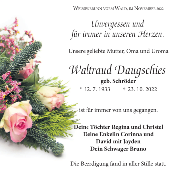 Traueranzeige von Waltraud Daugschies von Neue Presse Coburg