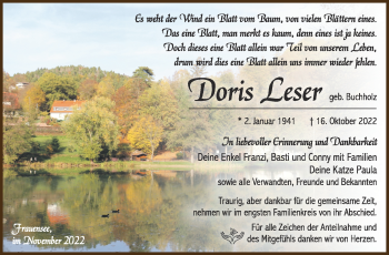 Traueranzeige von Doris Leser von Südthüringer Presse