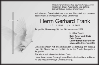 Traueranzeige von Gerhard Frank von Frankenpost