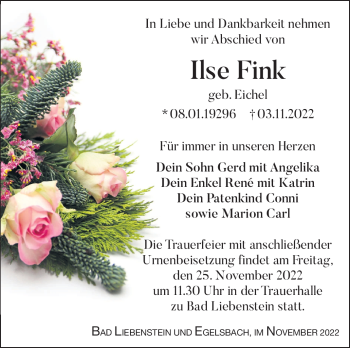 Traueranzeige von Ilse Fink von Südthüringer Presse
