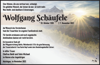 Traueranzeige von Wolfgang Schäufele von Südthüringer Presse