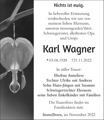 Traueranzeige von Karl Wagner von Südthüringer Presse
