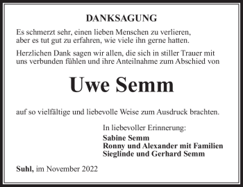 Traueranzeige von Uwe Semm von Südthüringer Presse
