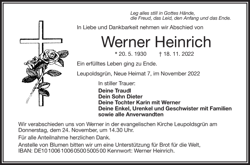  Traueranzeige für Werner Heinrich vom 22.11.2022 aus Frankenpost