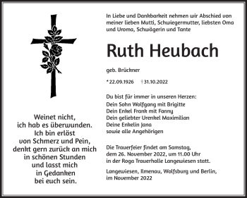 Traueranzeige von Ruth Heubach von Südthüringer Presse