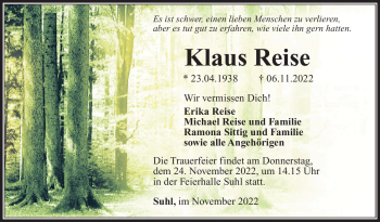 Traueranzeige von Klaus Reise von Südthüringer Presse