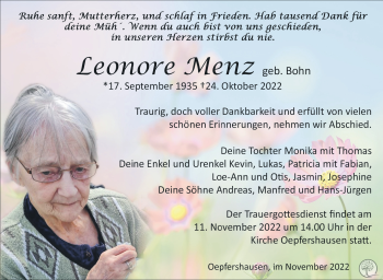 Traueranzeige von Leonore Menz von Südthüringer Presse
