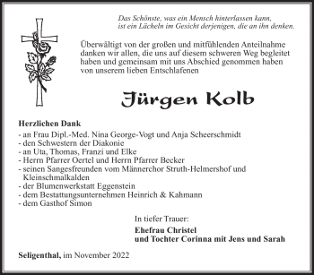 Traueranzeige von Jürgen Kolb von Südthüringer Presse