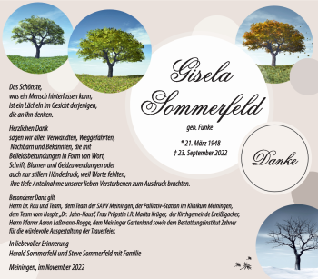Traueranzeige von Gisela Sommerfeld von Südthüringer Presse