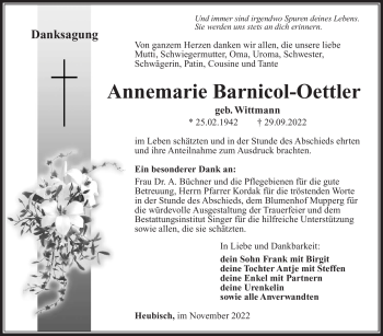 Traueranzeige von Annemarie Barnicol-Oettler von Südthüringer Presse