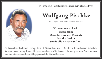 Traueranzeige von Wolfgang Pischke von Frankenpost