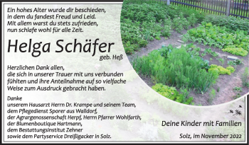 Traueranzeige von Helga Schäfer von Südthüringer Presse
