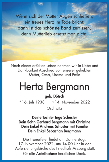 Traueranzeige von Herta Bergmann von Frankenpost