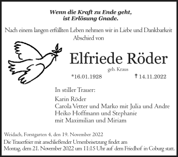Traueranzeige von Elfriede Röder von Neue Presse Coburg
