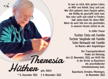 Traueranzeige von Theresia Hüther von Südthüringer Presse
