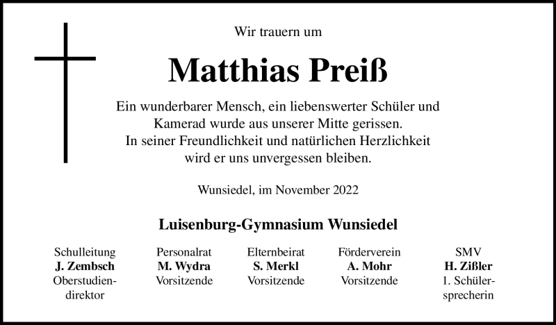  Traueranzeige für Matthias Preiß vom 24.11.2022 aus Frankenpost