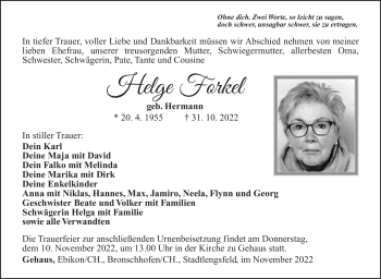 Traueranzeige von Helge Forkel von Südthüringer Presse