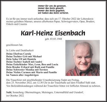 Traueranzeige von Karl-Heinz Eisenbach von Südthüringer Presse