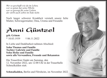 Traueranzeige von Anni Güntzel von Südthüringer Presse