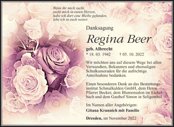 Traueranzeige von Regina Beer von Südthüringer Presse