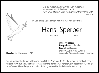 Traueranzeige von Hansi Sperber von Neue Presse Coburg