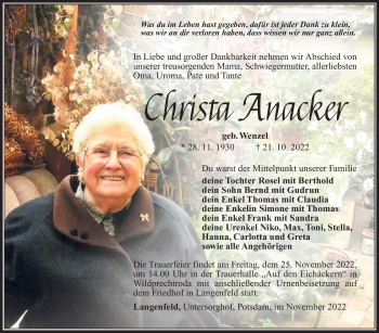 Traueranzeige von Christa Anacker von Südthüringer Presse