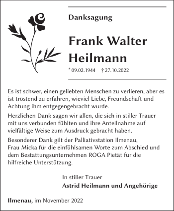 Traueranzeige von Frank Walter Heilmann von Südthüringer Presse