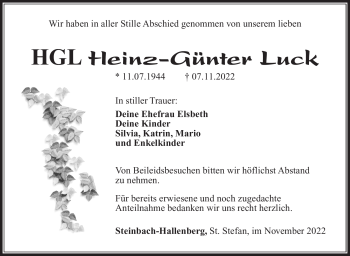 Traueranzeige von Heinz-Günter Luck von Südthüringer Presse