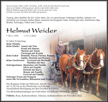 Traueranzeige von Hemut Weider von Südthüringer Presse