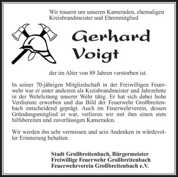 Traueranzeige von Gerhard Voigt von Südthüringer Presse