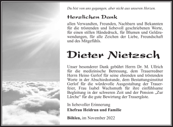 Traueranzeige von Dieter Nietzsch von Südthüringer Presse